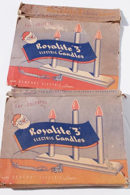 photo of mid-century vintage Christmas decorations, wood electric candles w/ original Royalite boxes #2