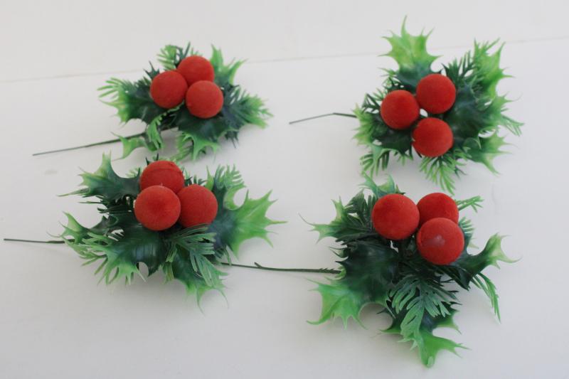 photo of mid-century vintage Christmas holly plastic floral picks w/ flocked berries  #1