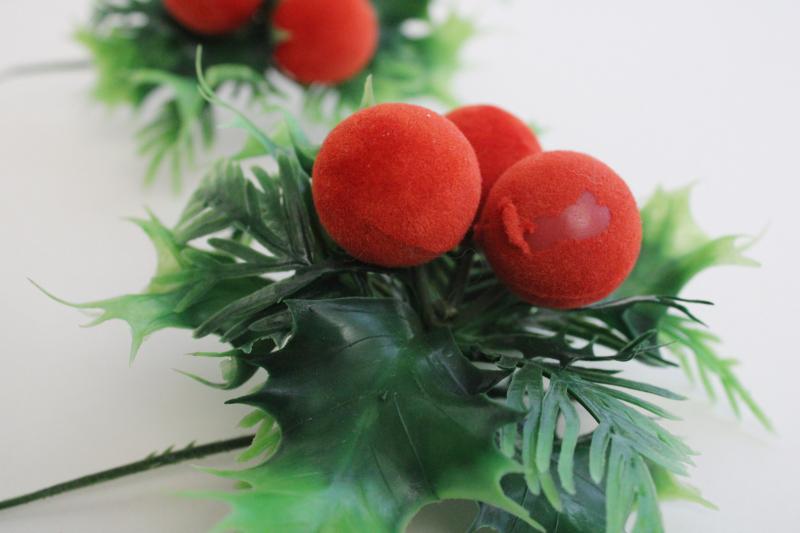 photo of mid-century vintage Christmas holly plastic floral picks w/ flocked berries  #2