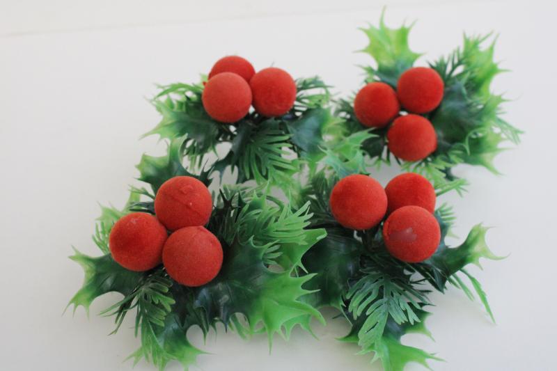 photo of mid-century vintage Christmas holly plastic floral picks w/ flocked berries  #3