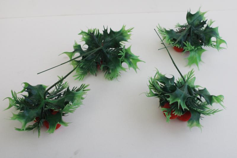 photo of mid-century vintage Christmas holly plastic floral picks w/ flocked berries  #4