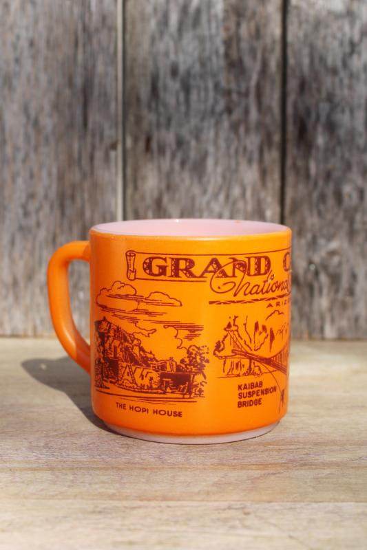 photo of mid-century vintage Federal milk glass mug, Grand Canyon travel souvenir landmarks #1