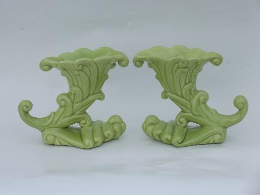 photo of mid-century vintage Haeger pottery candle sticks, retro apple green #1