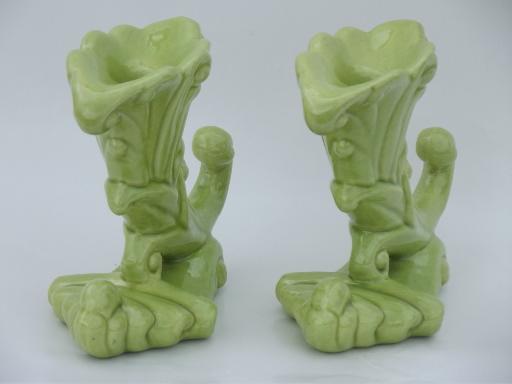 photo of mid-century vintage Haeger pottery candle sticks, retro apple green #2