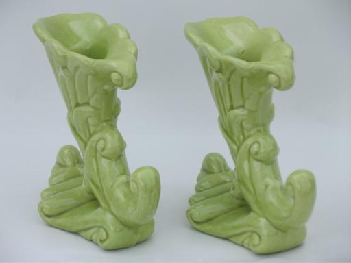 photo of mid-century vintage Haeger pottery candle sticks, retro apple green #3