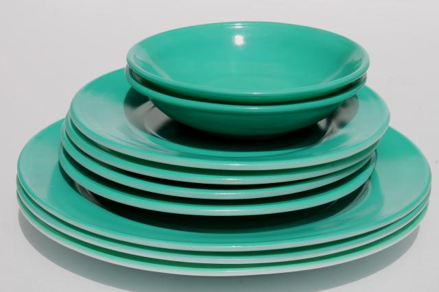 photo of mid-century vintage Hazel Atlas aqua turquoise color milk glass dishes, plates & bowls #2