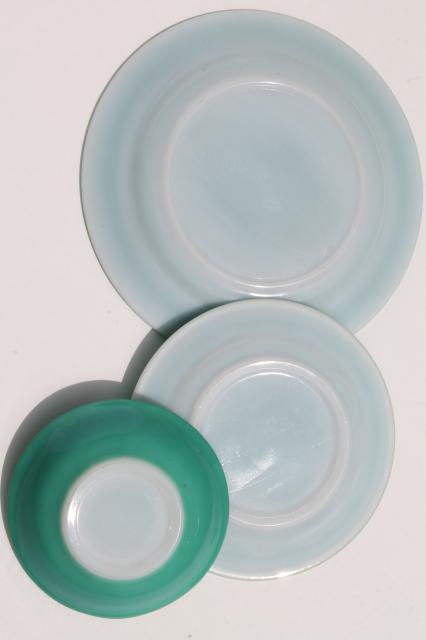 photo of mid-century vintage Hazel Atlas aqua turquoise color milk glass dishes, plates & bowls #7