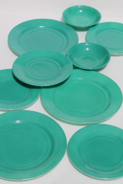 catalog photo of mid-century vintage Hazel Atlas aqua turquoise color milk glass dishes, plates & bowls