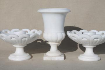 catalog photo of mid-century vintage Italian alabaster white marble carved stone urn vase & candle holders