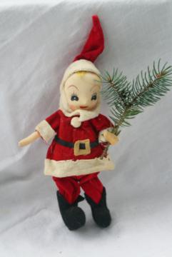 catalog photo of mid-century vintage Japan Christmas Santa girl doll, posable figure in felt suit