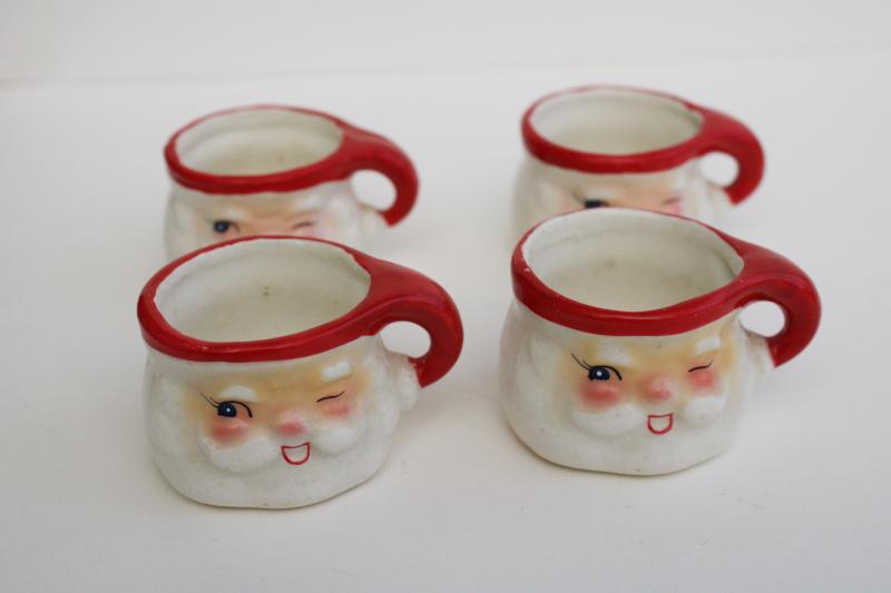 photo of mid-century vintage Japan ceramic Santa face mugs, Holt Howard mini winking Santas set #4