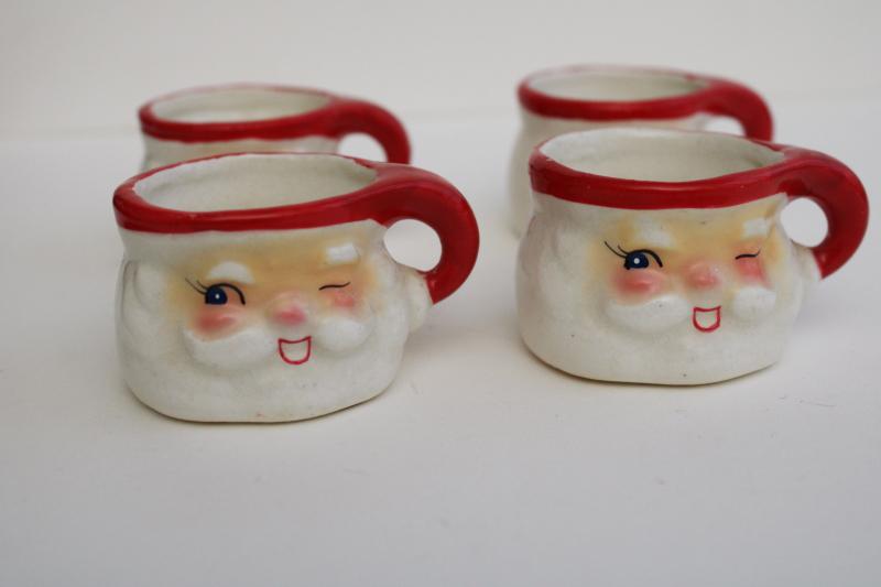 photo of mid-century vintage Japan ceramic Santa face mugs, Holt Howard mini winking Santas set #5