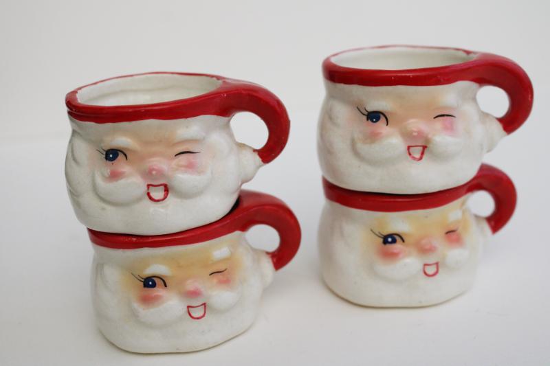 photo of mid-century vintage Japan ceramic Santa face mugs, Holt Howard mini winking Santas set #6