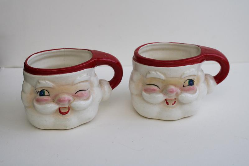 photo of mid-century vintage Japan ceramic Santa face mugs, mini Holt Howard winking Santas  #1