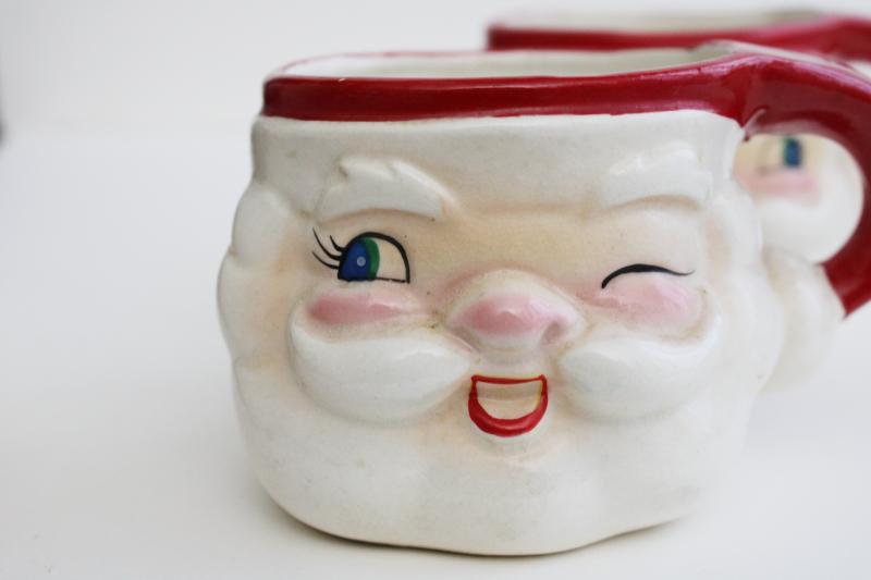 photo of mid-century vintage Japan ceramic Santa face mugs, mini Holt Howard winking Santas  #2