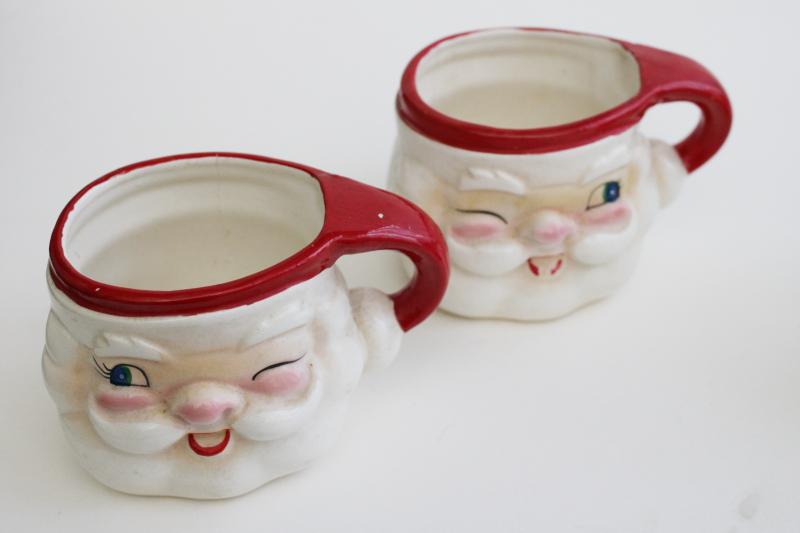 photo of mid-century vintage Japan ceramic Santa face mugs, mini Holt Howard winking Santas  #3