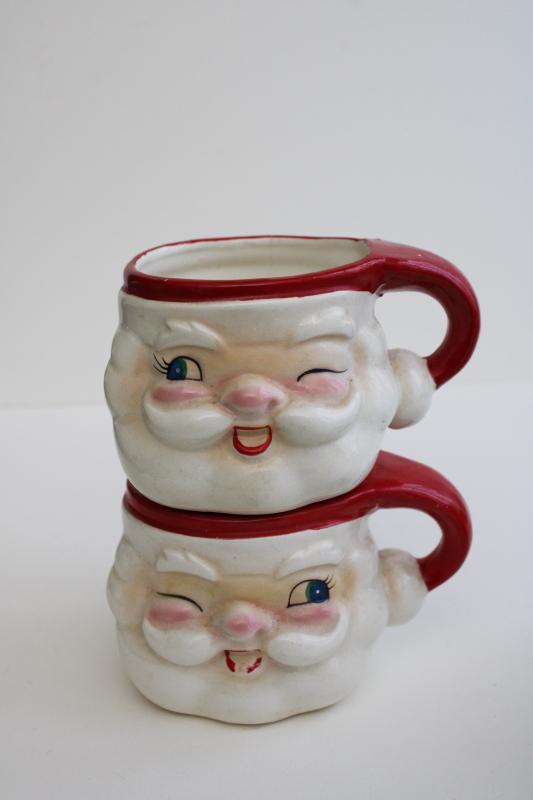 photo of mid-century vintage Japan ceramic Santa face mugs, mini Holt Howard winking Santas  #8