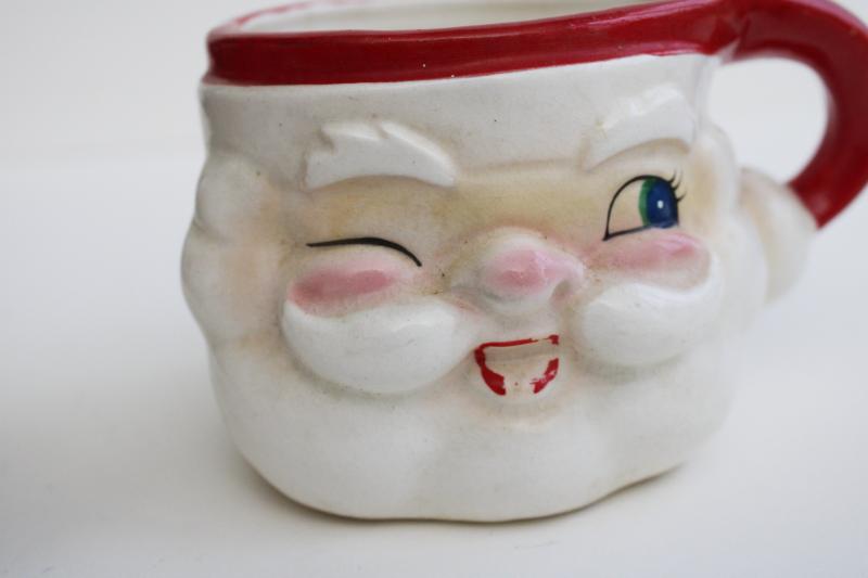 photo of mid-century vintage Japan ceramic Santa face mugs, mini Holt Howard winking Santas  #11