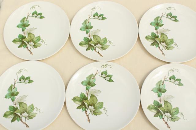 photo of mid-century vintage Knowles china Grapevine dinner plates, green leaf leaves pattern #2