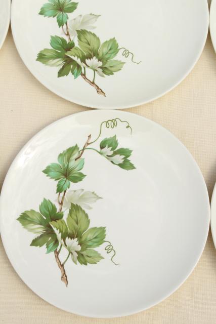 photo of mid-century vintage Knowles china Grapevine dinner plates, green leaf leaves pattern #3