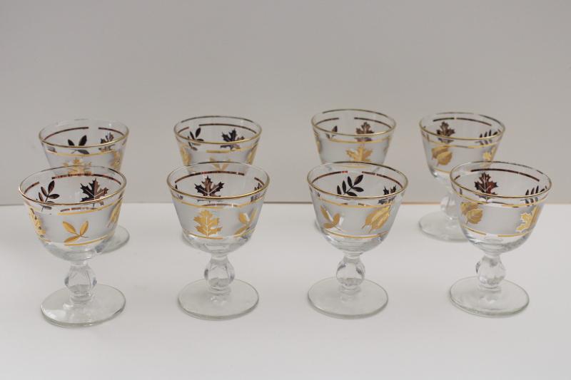 photo of mid-century vintage Libbey gold foliage leaf print wine or cocktail glasses set #1