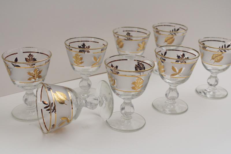 photo of mid-century vintage Libbey gold foliage leaf print wine or cocktail glasses set #2