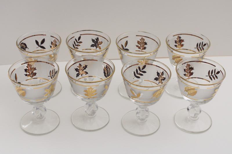 photo of mid-century vintage Libbey gold foliage leaf print wine or cocktail glasses set #3