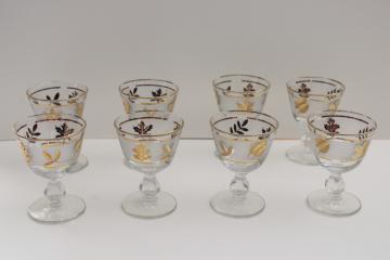 catalog photo of mid-century vintage Libbey gold foliage leaf print wine or cocktail glasses set