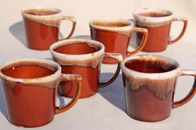 photo of mid-century vintage McCoy pottery coffee cups, brown drip glaze mugs set of six #1