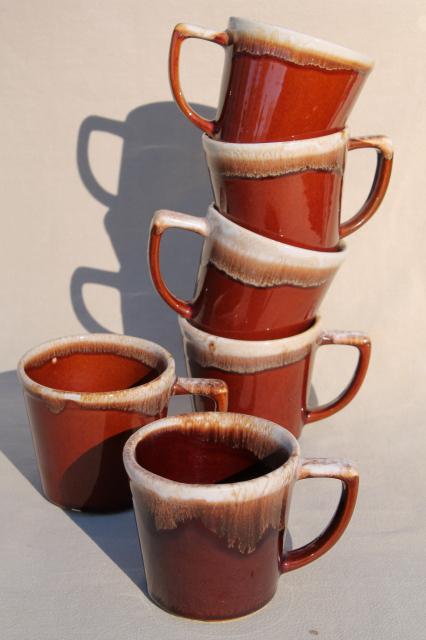 photo of mid-century vintage McCoy pottery coffee cups, brown drip glaze mugs set of six #2