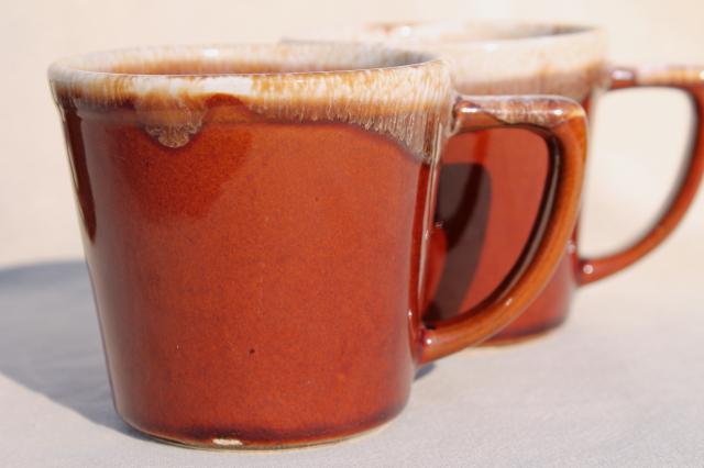 photo of mid-century vintage McCoy pottery coffee cups, brown drip glaze mugs set of six #4