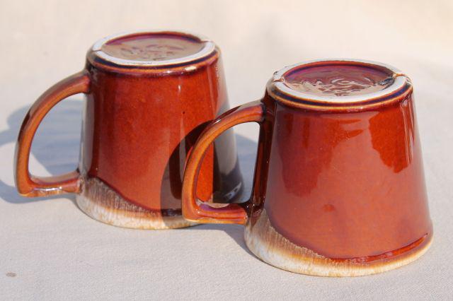 photo of mid-century vintage McCoy pottery coffee cups, brown drip glaze mugs set of six #7