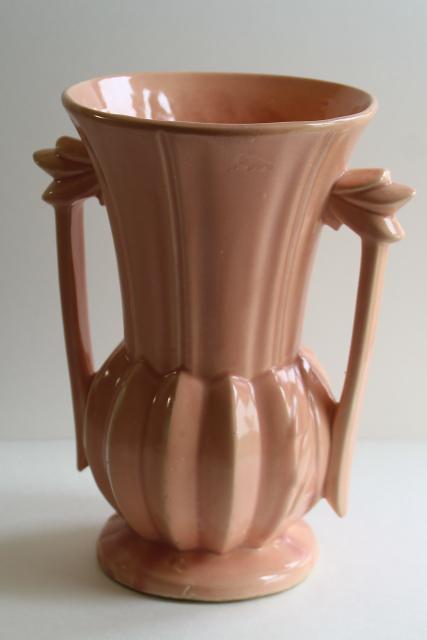 photo of mid-century vintage McCoy pottery flower vase warm coral pink blush color #1
