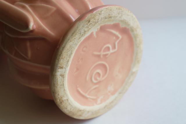 photo of mid-century vintage McCoy pottery flower vase warm coral pink blush color #2