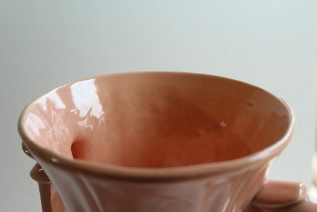 photo of mid-century vintage McCoy pottery flower vase warm coral pink blush color #4