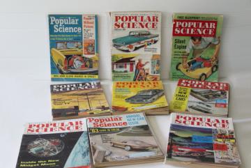 catalog photo of mid-century vintage Popular Science magazines w/ pulp covers, hot rods & crazy how-tos