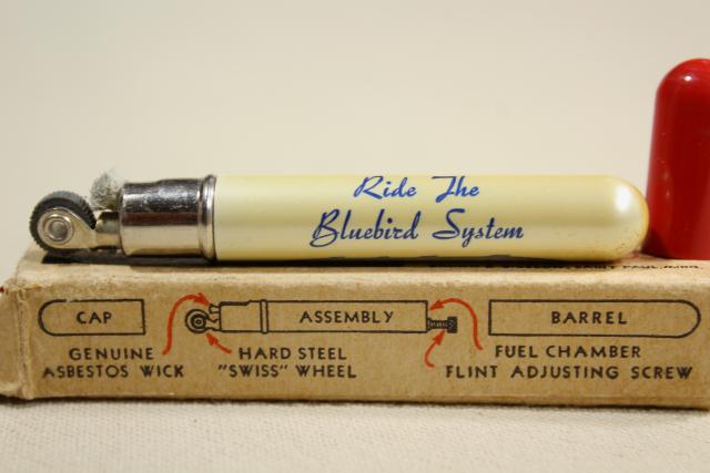 photo of mid-century vintage Redi Lite lighter w/ advertising, Bluebird bus lines w/ photo #6