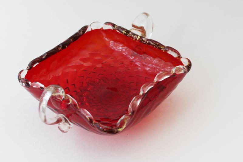 photo of mid-century vintage Salviati Murano art glass bowl, ruby red w/ gold flecks #1