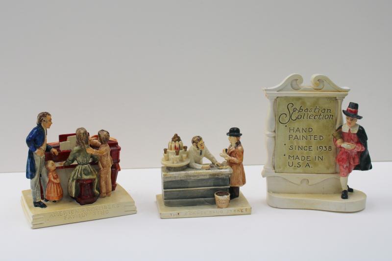 photo of mid-century vintage Sebastian collection miniatures, store display sign w/ pilgrim #1