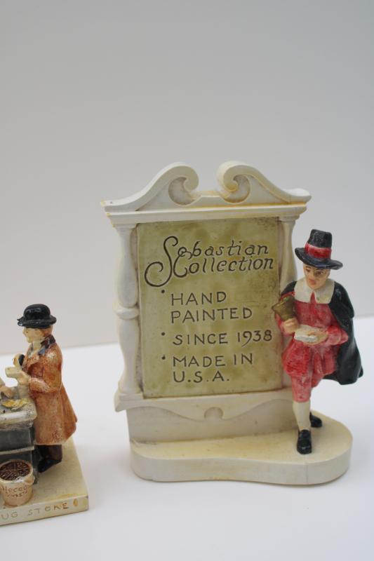 photo of mid-century vintage Sebastian collection miniatures, store display sign w/ pilgrim #4