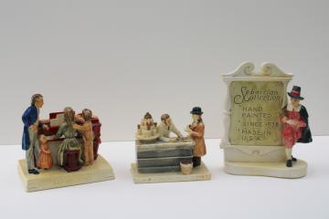 catalog photo of mid-century vintage Sebastian collection miniatures, store display sign w/ pilgrim