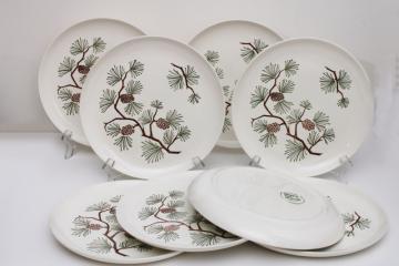 catalog photo of mid-century vintage Stetson pottery pine cone dinner plates, rustic cabin holiday dinnerware