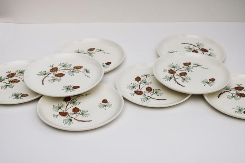 photo of mid-century vintage Stetson pottery pine cone plates set of 8, rustic cabin holiday dinnerware #1
