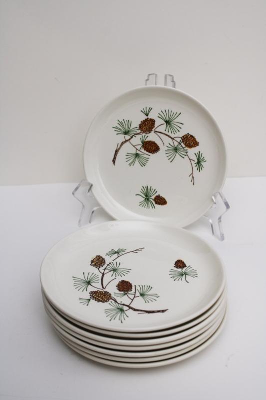 photo of mid-century vintage Stetson pottery pine cone plates set of 8, rustic cabin holiday dinnerware #6