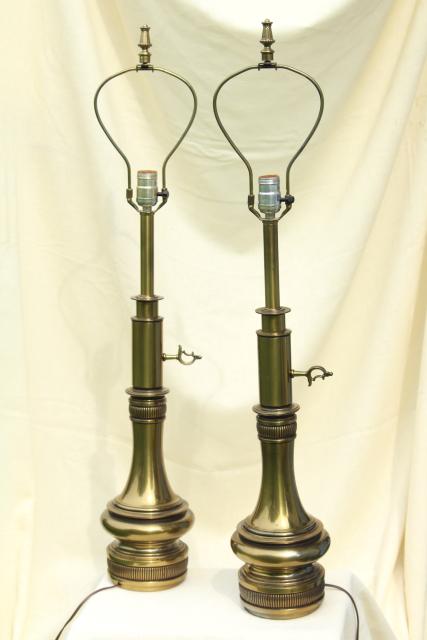 photo of mid-century vintage Stiffel lamps, heavy antique brass plated table lamp pair #5