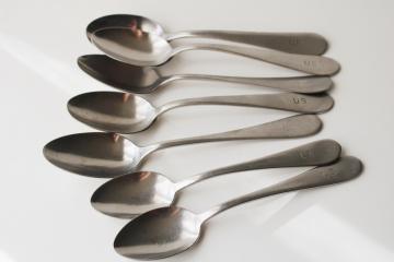 catalog photo of mid-century vintage US military mess hall flatware, heavy stainless spoons Army or Navy