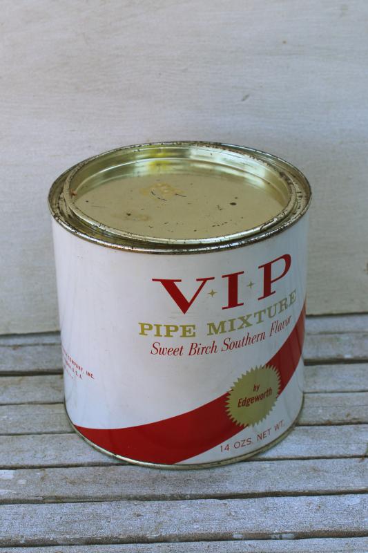 photo of mid-century vintage V.I.P. tobacco can, red & white advertising graphics VIP #1