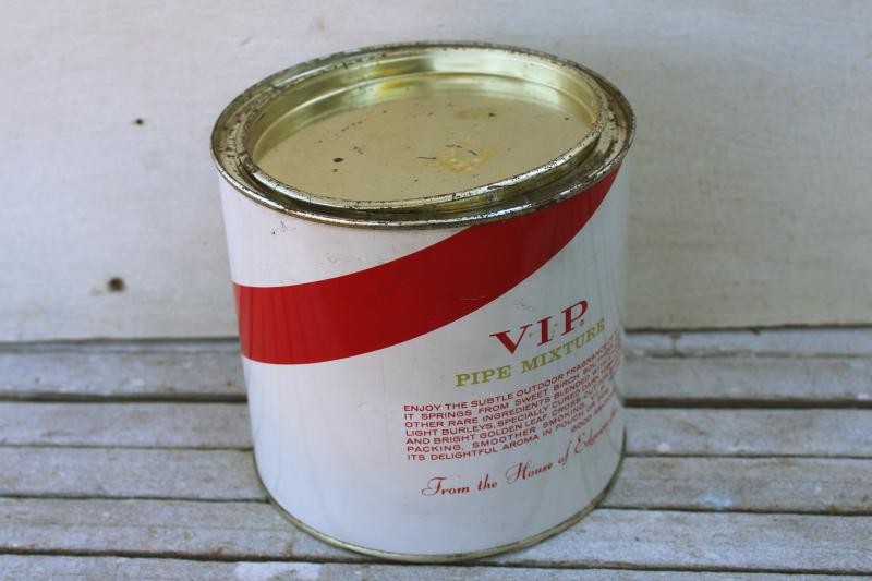 photo of mid-century vintage V.I.P. tobacco can, red & white advertising graphics VIP #2