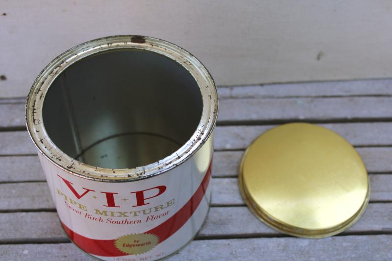 photo of mid-century vintage V.I.P. tobacco can, red & white advertising graphics VIP #5