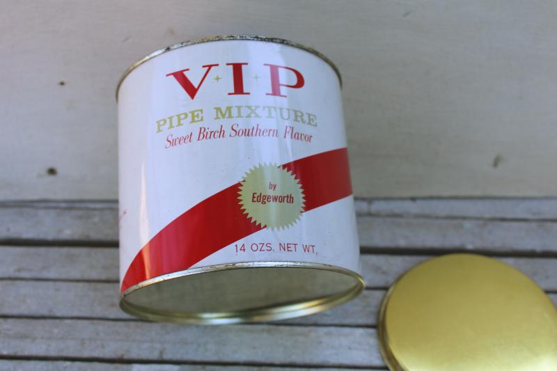 photo of mid-century vintage V.I.P. tobacco can, red & white advertising graphics VIP #6